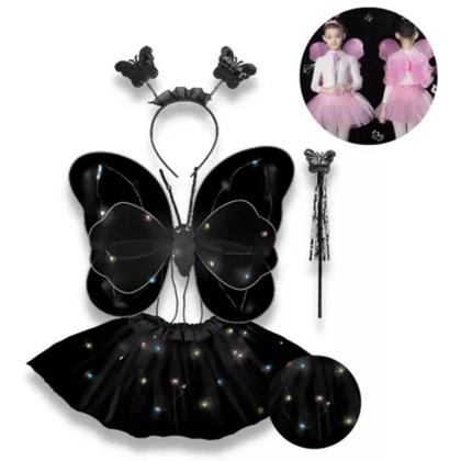 Imagem de Fantasia Borboleta Led Menina Infantil Carnaval Festas com Asas Saia de Tule Tiara Varinha