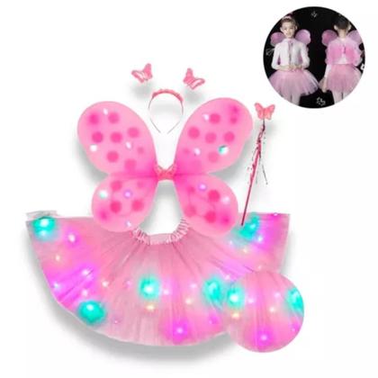 Imagem de Fantasia Borboleta Led Menina Infantil Carnaval Festas com Asas Saia de Tule Tiara Varinha