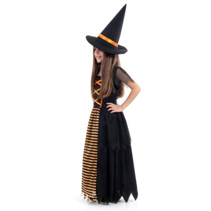 Imagem de Fantasia Bruxa Laranja Vestido Longo Infantil com Chapéu - Halloween
