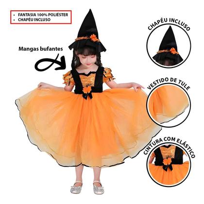 Imagem de Fantasia Bruxinha Halloween Infantil Menina de Luxo Com Chapeu