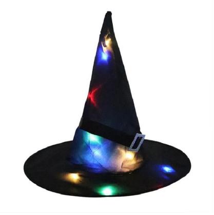 Imagem de Fantasia Bruxo Bruxa Mago C/ Chapéu Led Preto  e Capa Preta