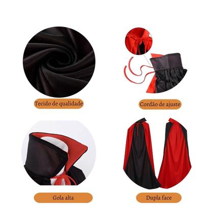 Imagem de Fantasia Capa Dracula Longa Halloween Vampiro Adulto Bruxa Bruxoi Halloween Terror Dia das Crianças Vilão Traje Duplo