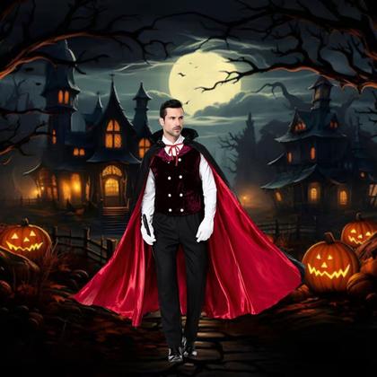 Imagem de Fantasia Capa Dracula Longa Halloween Vampiro Adulto Bruxa Bruxoi Halloween Terror Dia das Crianças Vilão Traje Duplo