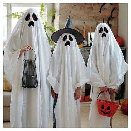 Imagem de Fantasia Capa Fantasma Infantil e Adulto Assombração Assustador Ghost Festa Halloween Dia das Bruxas Noites do Terror