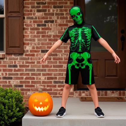 Imagem de Fantasia Caveira Infantil Menino de Halloween Macacão Raio X Curto com Máscara Esqueleto