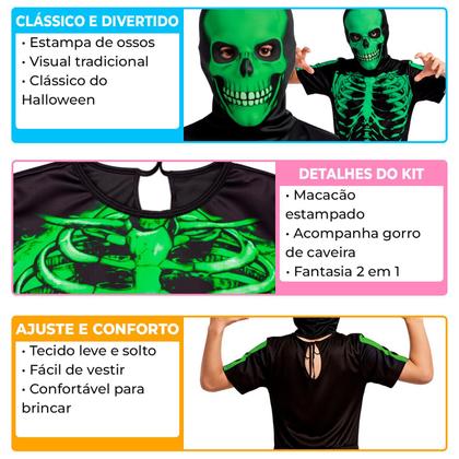 Imagem de Fantasia Caveira Infantil Menino de Halloween Macacão Raio X Curto com Máscara Esqueleto