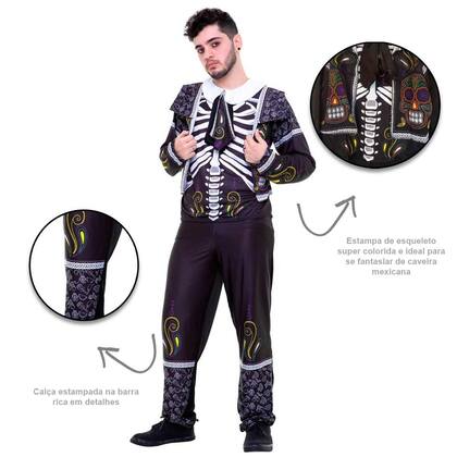 Imagem de Fantasia Caveira Mexicana Masculina de Halloween Completa
