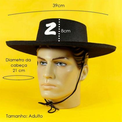Imagem de Fantasia Chapéu Preto Zorro Feltro Cordão Regulagem Adulto - GabiJovi
