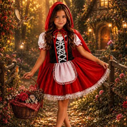 Imagem de Fantasia Chapeuzinho Vermelho Infantil Luxo Com Capa e Capuz