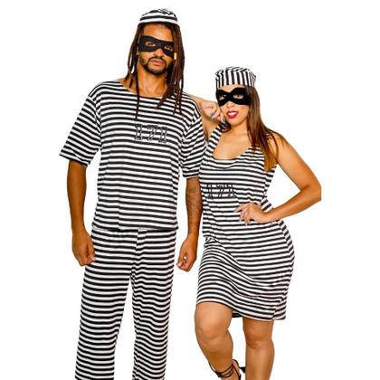 Imagem de Fantasia de Casal Presidiário Listrado 171 Irmãos Metralha Prisioneiro Bandido Adulto Carnaval Halloween Cosplay