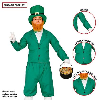 Imagem de Fantasia Duende Verde Irlandês Masculina Adulta Leprechaun Com Fraque e Chapéu P 38 - 40