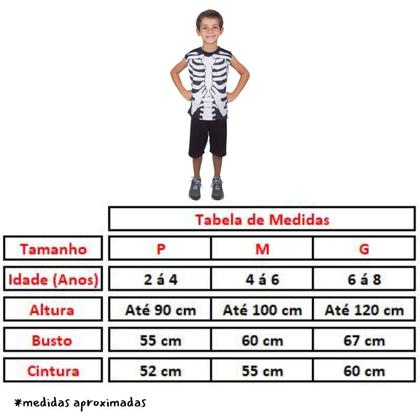 Imagem de Fantasia Esqueleto Caveira Infantil Curta Tamanhos P M G Crianças 2 a 8 Anos Brink Model