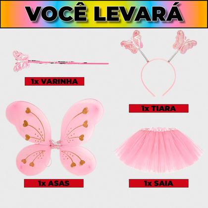 Imagem de Fantasia Fada Adulta Feminina de Carnaval Kit Borboleta Saia 40cm Asa Varinha e Tiara