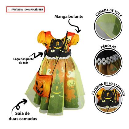 Imagem de Fantasia Halloween Bebê Menina Vestido Bruxa Com Bolsa e Tiara