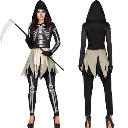 Imagem de Fantasia Halloween Feminina Adulta Ceifadora Esqueleto Medieval Gótica com Capuz