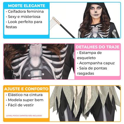 Imagem de Fantasia Halloween Feminina Adulta Ceifadora Esqueleto Medieval Gótica com Capuz
