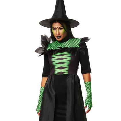 Imagem de Fantasia Halloween Feminina Bruxa Cher Vestido Com Cauda de Luxo