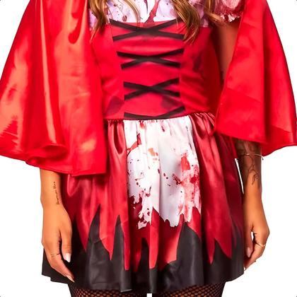 Imagem de Fantasia Halloween Feminina Chapeuzinho Vermelho Adulta Zumbi Sangrenta Com Capuz