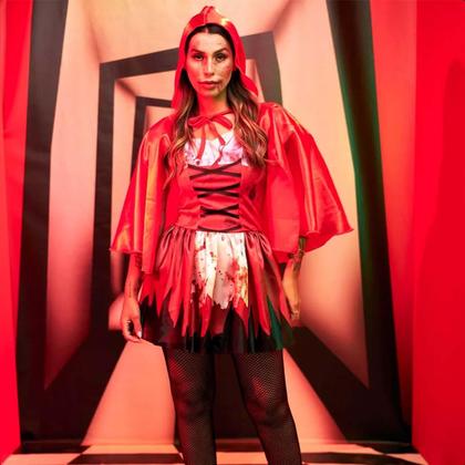 Imagem de Fantasia Halloween Feminina Chapeuzinho Vermelho Adulta Zumbi Sangrenta Com Capuz