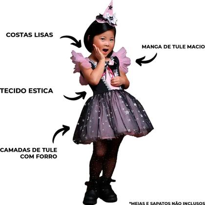 Imagem de Fantasia Halloween Infantil pra Menina de Luxo Vestido de Bruxa Gatinho Preto Com Chapeu Fofo Rosa