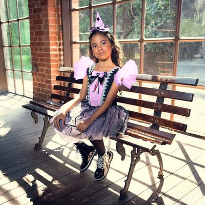 Imagem de Fantasia Halloween Infantil pra Menina de Luxo Vestido de Bruxa Gatinho Preto Com Chapeu Fofo Rosa
