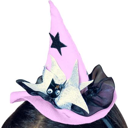 Imagem de Fantasia Halloween Infantil pra Menina de Luxo Vestido de Bruxa Gatinho Preto Com Chapeu Fofo Rosa