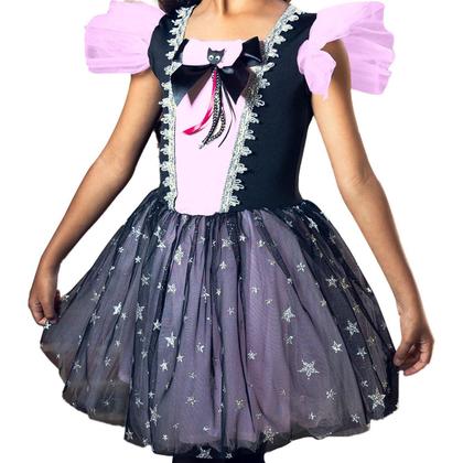 Imagem de Fantasia Halloween Infantil pra Menina de Luxo Vestido de Bruxa Gatinho Preto Com Chapeu Fofo Rosa