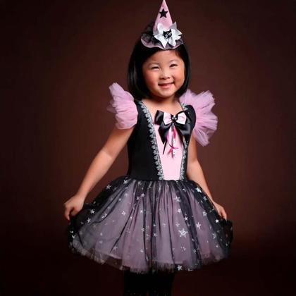 Imagem de Fantasia Halloween Infantil pra Menina de Luxo Vestido de Bruxa Gatinho Preto Com Chapeu Fofo Rosa