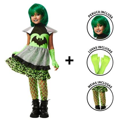 Imagem de Fantasia Halloween Infantil pra Menina Vampira Moderna Com Luva e Peruca Verde