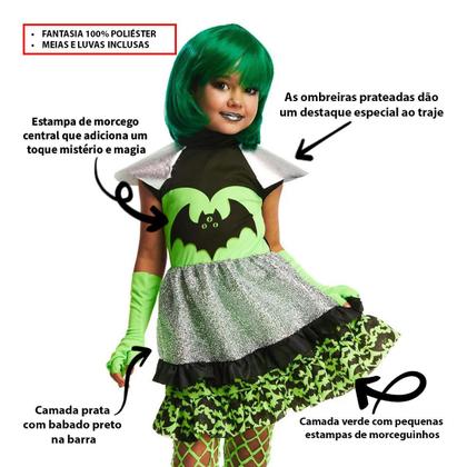 Imagem de Fantasia Halloween Infantil pra Menina Vampira Moderna Com Luva e Peruca Verde