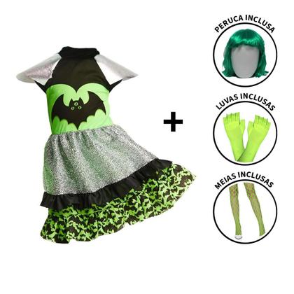 Imagem de Fantasia Halloween Infantil pra Menina Vampira Moderna Com Luva e Peruca Verde