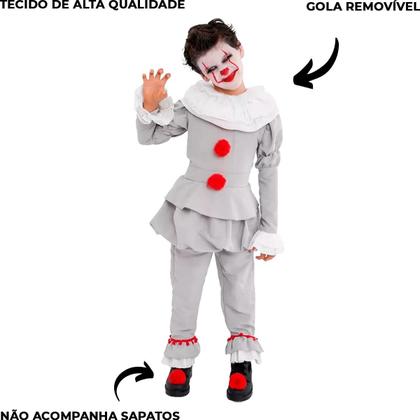 Imagem de Fantasia Halloween Infantil pra Meninos Palhaço Assassino Super Luxo para Crianças de 2 a 12 anos