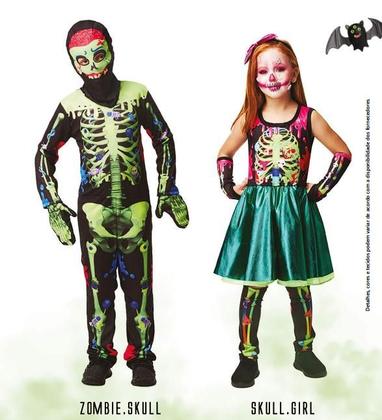 Imagem de Fantasia Halloween Menina Esqueleta Zumbi Caveira Verde Luxo