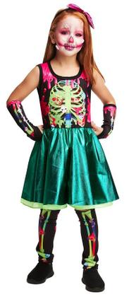 Imagem de Fantasia Halloween Menina Esqueleta Zumbi Caveira Verde Luxo