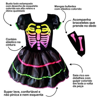Imagem de Fantasia Halloween pra Menina Vestido Caveira Mexicana Rosa
