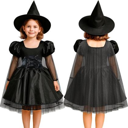 Imagem de Fantasia Halloween pra Meninas Infantil Vestido Preto de Bruxa Medieval Gótica Com Capa e Corselet