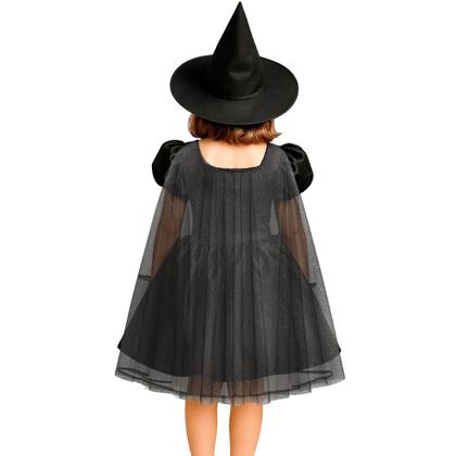 Imagem de Fantasia Halloween pra Meninas Infantil Vestido Preto de Bruxa Medieval Gótica Com Capa e Corselet
