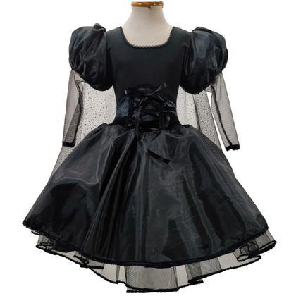 Imagem de Fantasia Halloween pra Meninas Infantil Vestido Preto de Bruxa Medieval Gótica Com Capa e Corselet