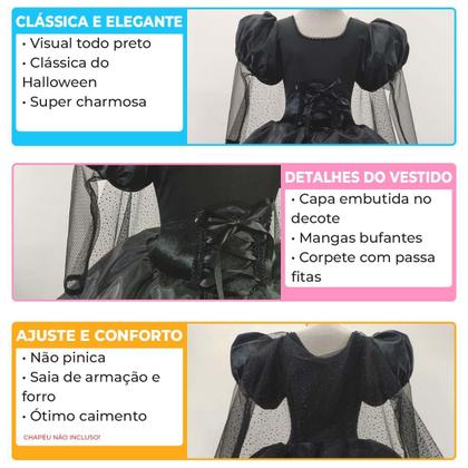 Imagem de Fantasia Halloween pra Meninas Infantil Vestido Preto de Bruxa Medieval Gótica Com Capa e Corselet