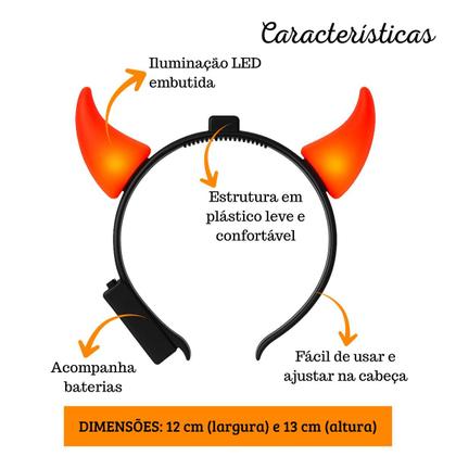 Imagem de Fantasia Halloween: Tiara Arquinho Diabinho/ Capetinha com Chifres Iluminados em Luz LED (1 Und)