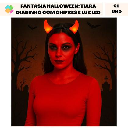 Imagem de Fantasia Halloween: Tiara Arquinho Diabinho/ Capetinha com Chifres Iluminados em Luz LED (1 Und)