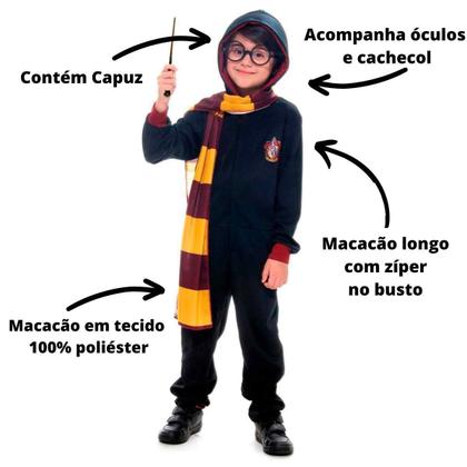 Imagem de Fantasia Harry Potter Menino Infantil Macacão Com óculos e Cachecol
