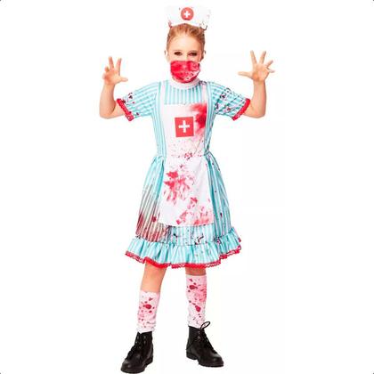 Imagem de Fantasia Infantil de Halloween pra Meninas Vestido Enfermeira Nancy Zumbi Completa com Tiara e Meias