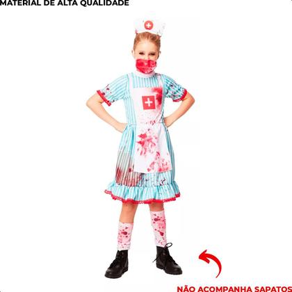 Imagem de Fantasia Infantil de Halloween pra Meninas Vestido Enfermeira Nancy Zumbi Completa com Tiara e Meias