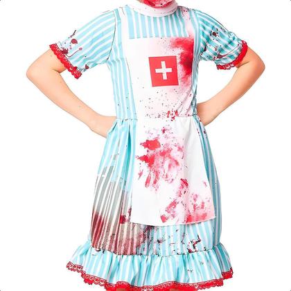 Imagem de Fantasia Infantil de Halloween pra Meninas Vestido Enfermeira Nancy Zumbi Completa com Tiara e Meias