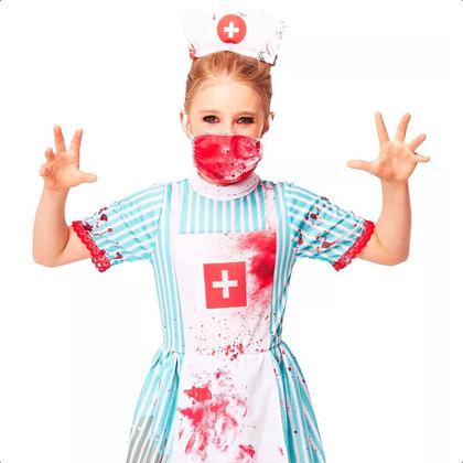 Imagem de Fantasia Infantil de Halloween pra Meninas Vestido Enfermeira Nancy Zumbi Completa com Tiara e Meias