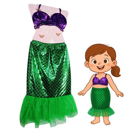 Imagem de Fantasia Infantil de Sereia Verde com Top Roxo e Saia Escamas com Tule