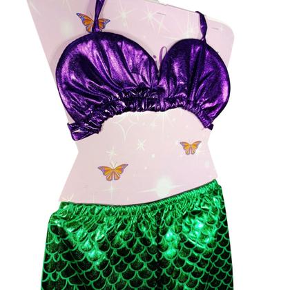 Imagem de Fantasia Infantil de Sereia Verde com Top Roxo e Saia Escamas com Tule