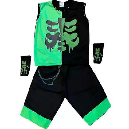 Imagem de Fantasia Infantil Halloween pra Menino Estiloso Roupa Caveira Verde e Preta Curta de Luxo Com Luvas Meio Dedo