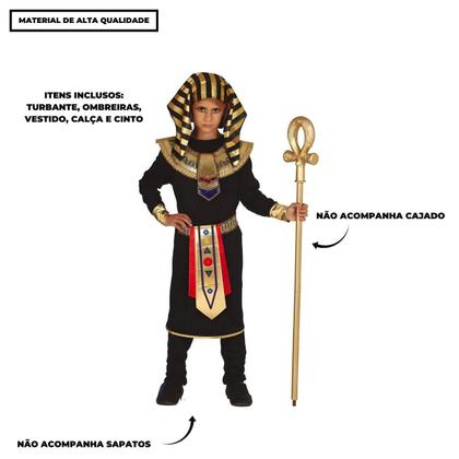 Imagem de Fantasia Infantil Menino Halloween e Carnaval Roupa Faraó Preta Super Luxuosa Com Nemés Exclusivo